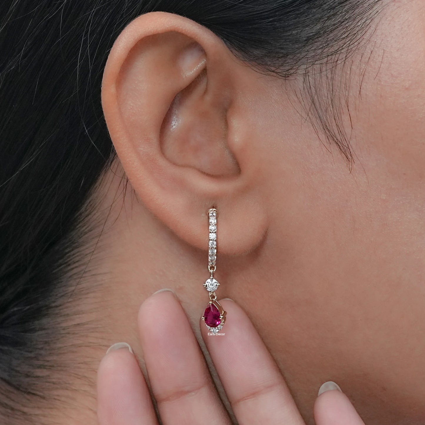 Pear Cut Ruby Gemstone Dangle Hoop Earrings