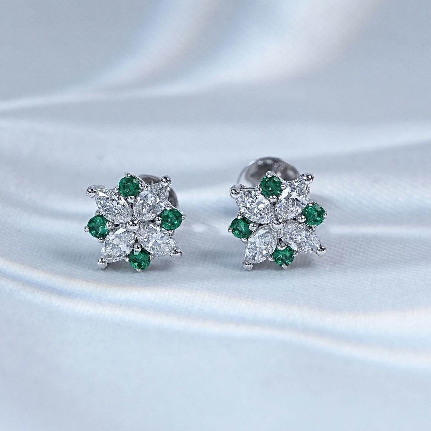 Green Round And Marquise Cut Diamond Floral Stud