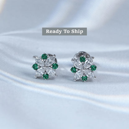 Emerald Gemstone And Marquise Cut Lab Diamond Floral Studs