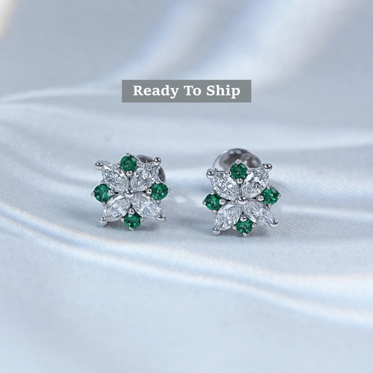 Emerald Gemstone And Marquise Cut Lab Diamond Floral Studs