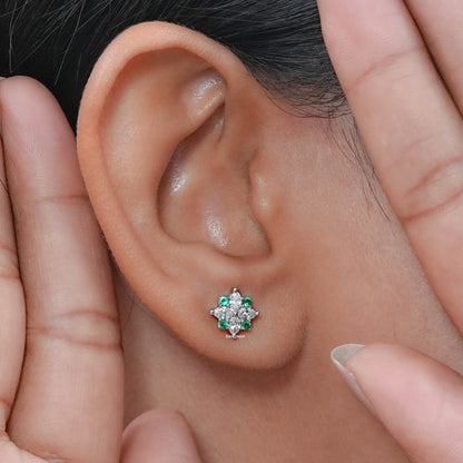 Emerald Gemstone And Marquise Cut Lab Diamond Floral Studs