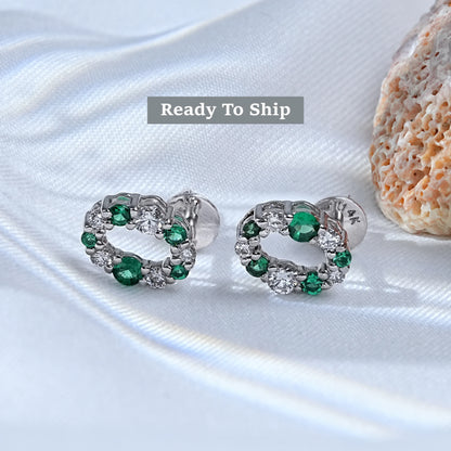 Round Cut Emerald Gemstone & Lab Diamond Stud Earrings