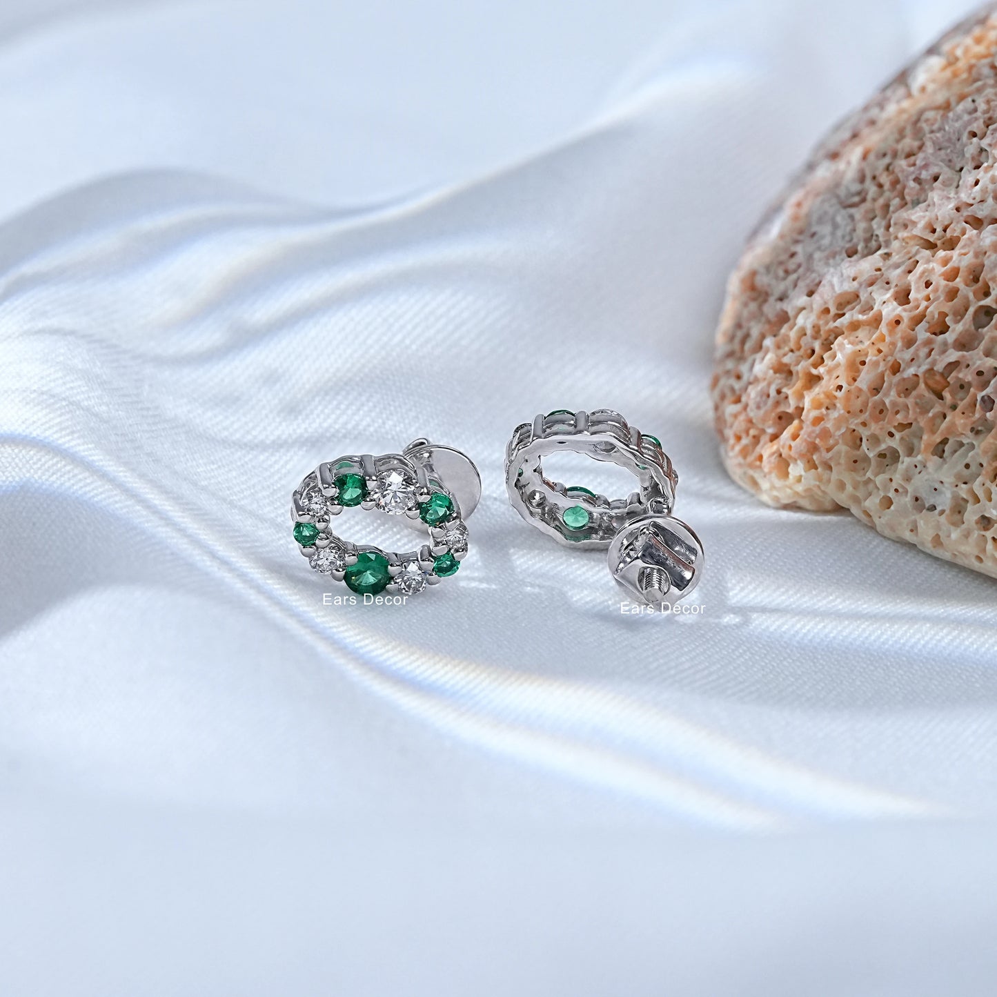 Round Cut Emerald Gemstone & Lab Diamond Stud Earrings