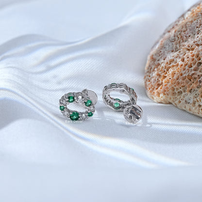 Round Cut Emerald Gemstone & Lab Diamond Stud Earrings