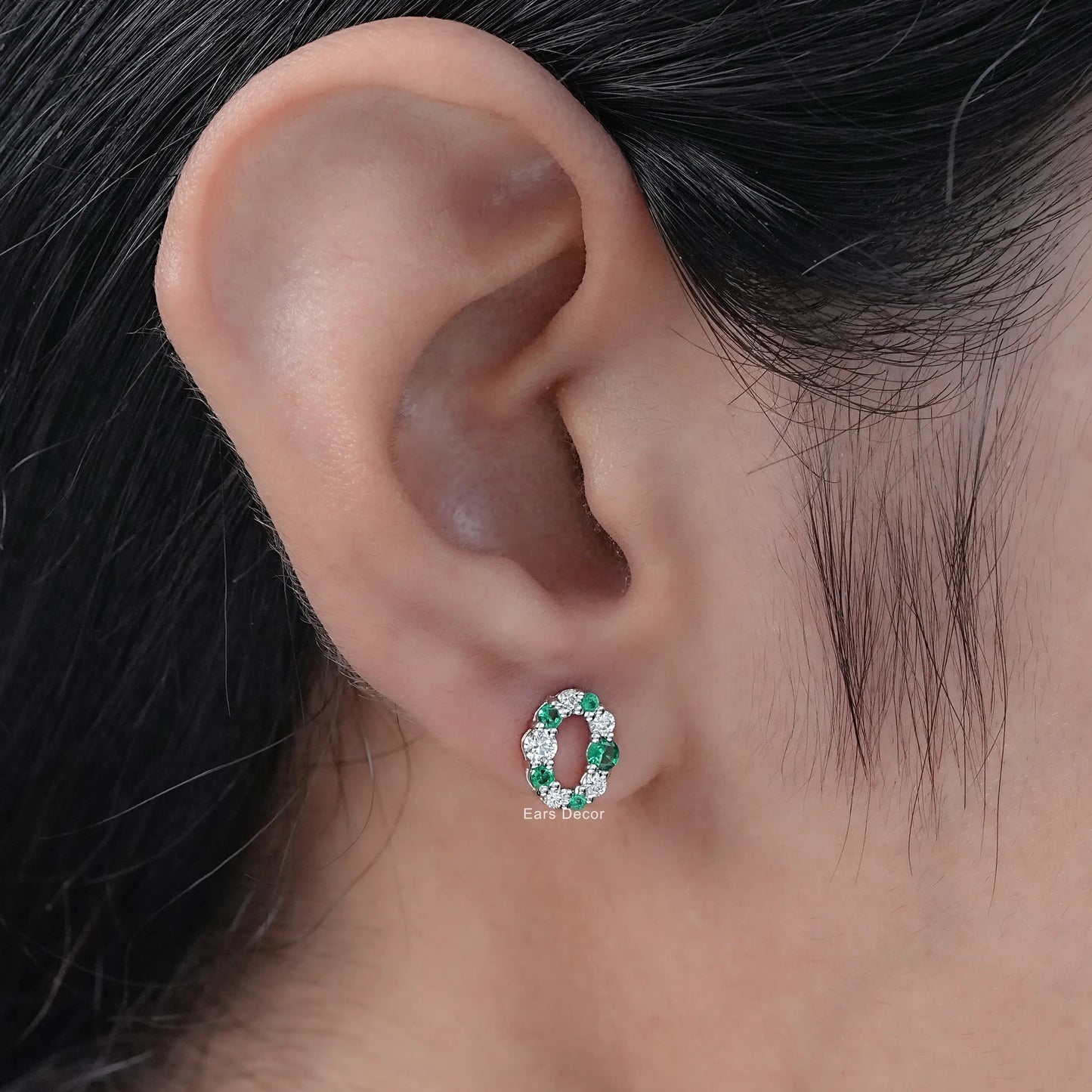 Round Cut Emerald Gemstone & Lab Diamond Stud Earrings