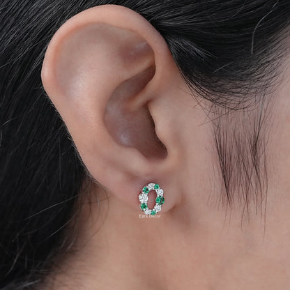 Round Cut Emerald Gemstone & Lab Diamond Stud Earrings