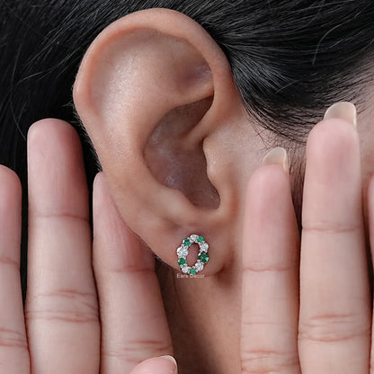 Round Cut Emerald Gemstone & Lab Diamond Stud Earrings
