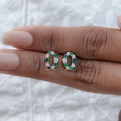 Round Cut Emerald Gemstone & Lab Diamond Stud Earrings