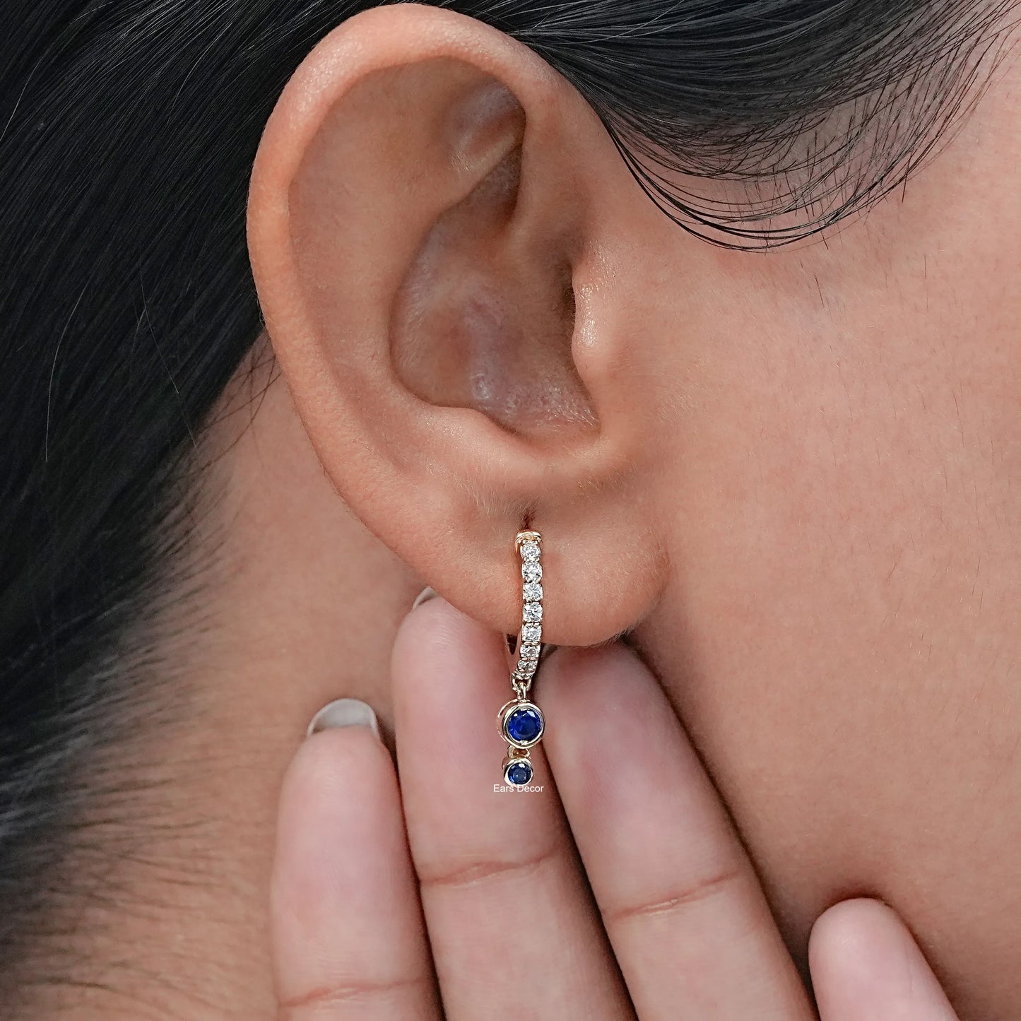Sapphire Round Gemstone Dangle Huggie Earrings