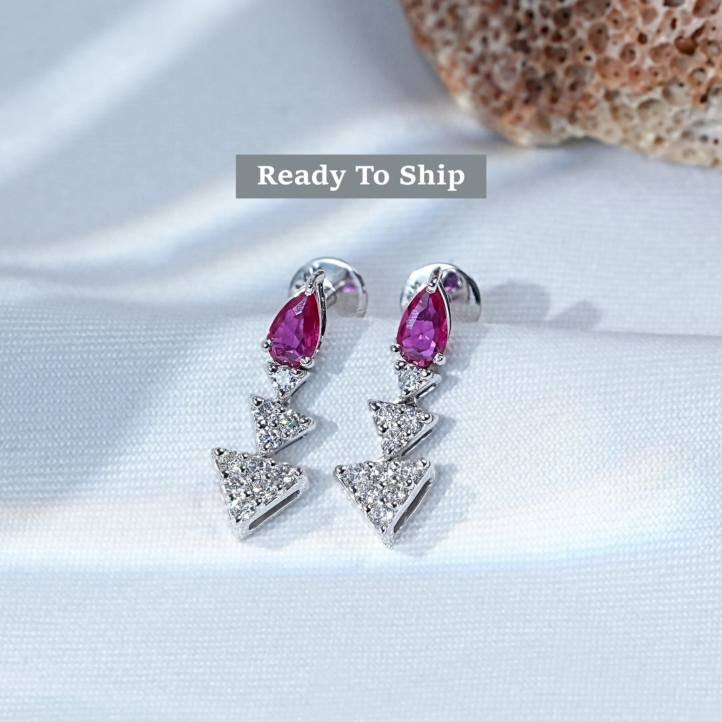 Ruby Pear Gemstone And Triangle Lab Diamond Dangle Earrings