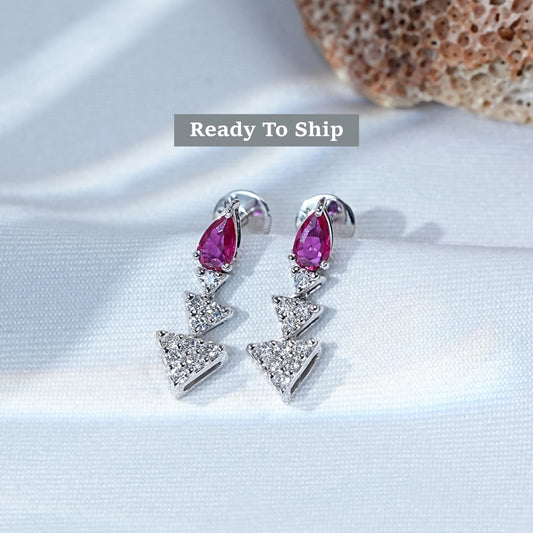 Ruby Pear Gemstone And Triangle Lab Diamond Dangle Earrings