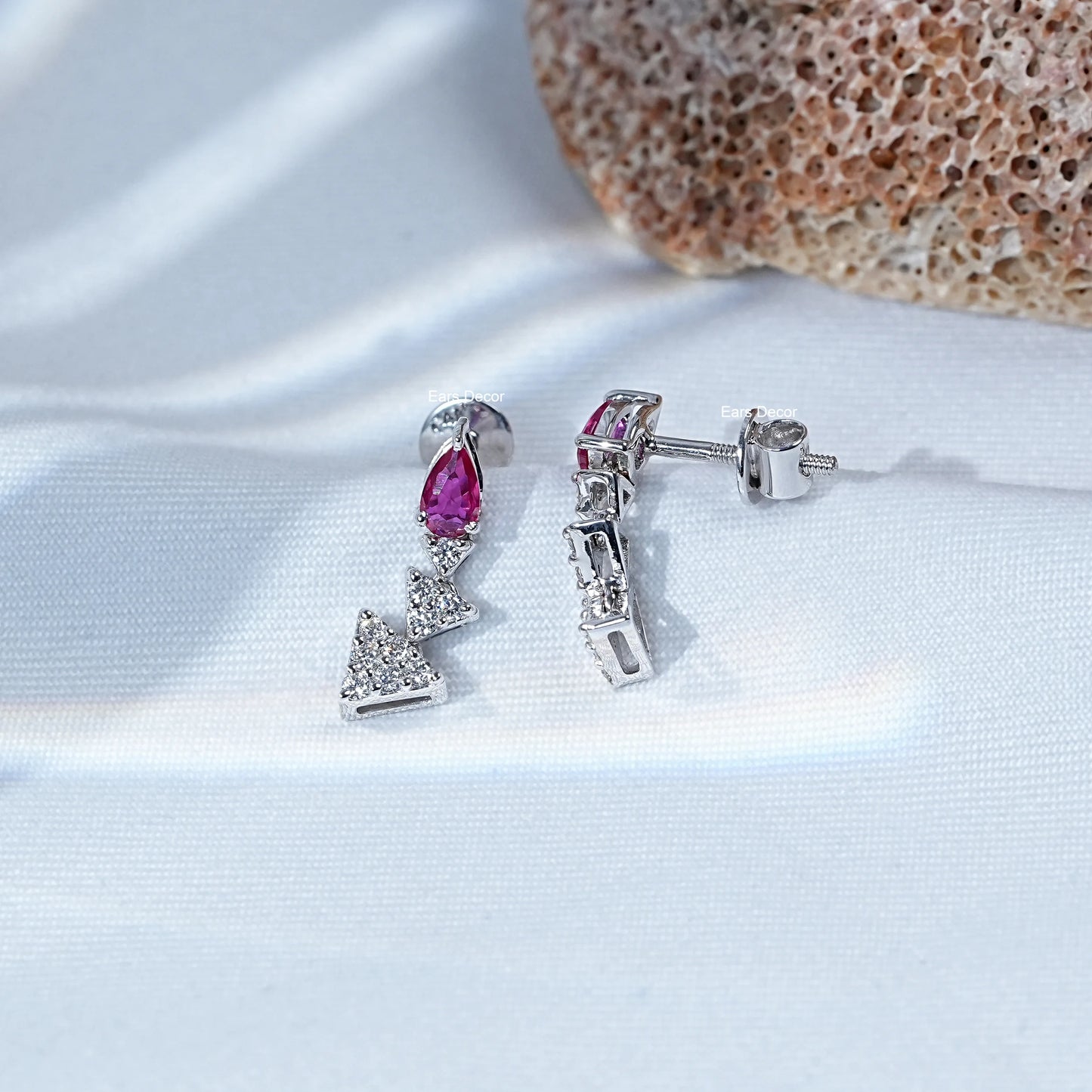 Ruby Pear Gemstone And Triangle Lab Diamond Dangle Earrings