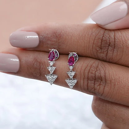 Ruby Pear Gemstone And Triangle Lab Diamond Dangle Earrings