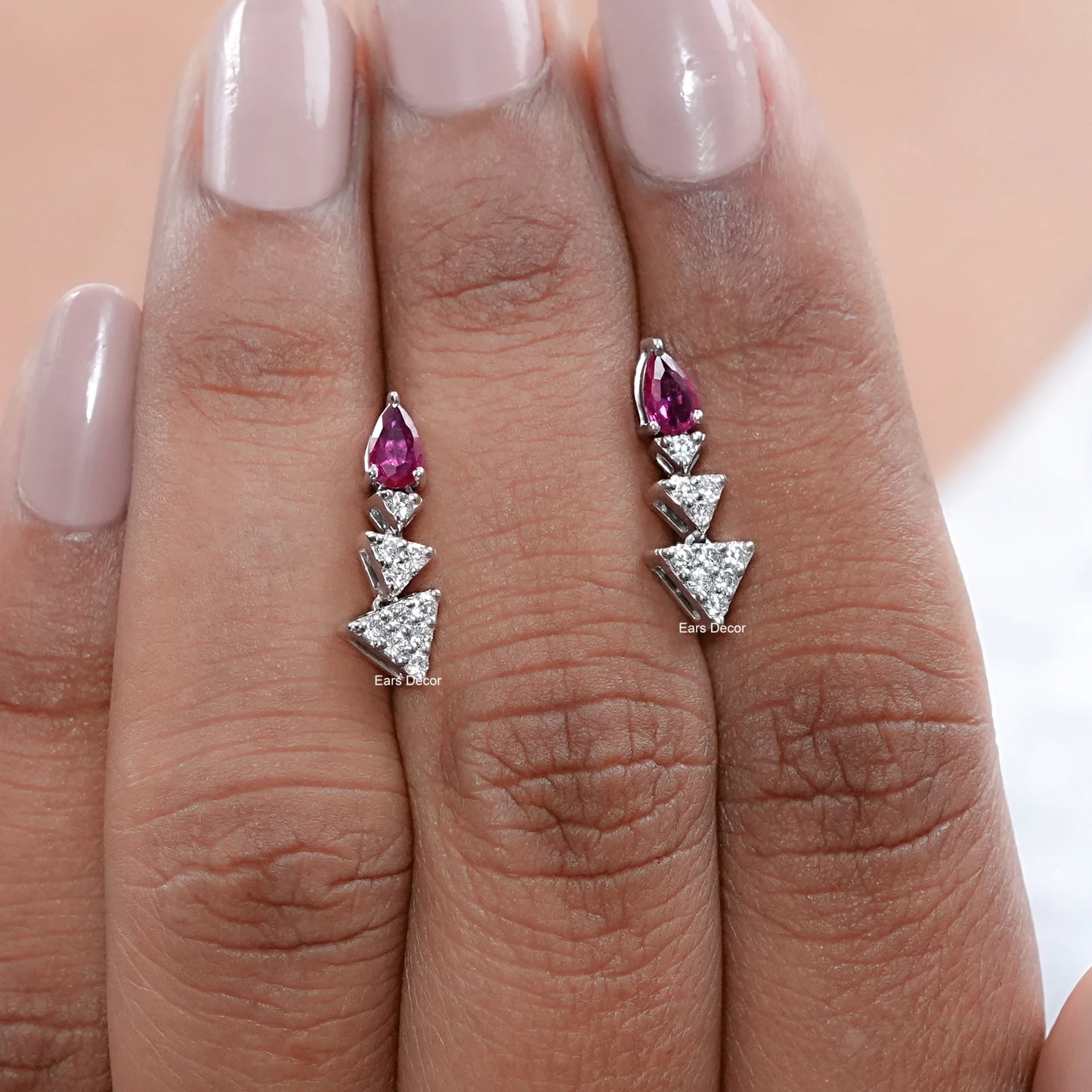 Ruby Pear Gemstone And Triangle Lab Diamond Dangle Earrings