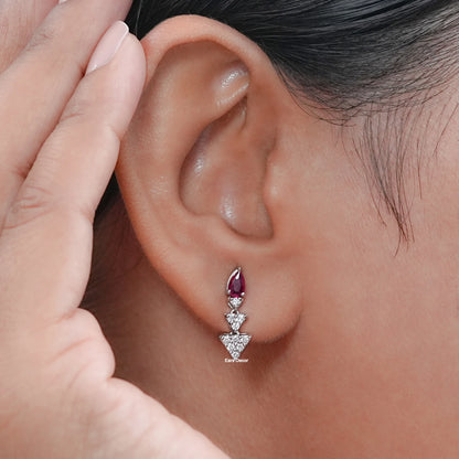 Ruby Pear Gemstone And Triangle Lab Diamond Dangle Earrings