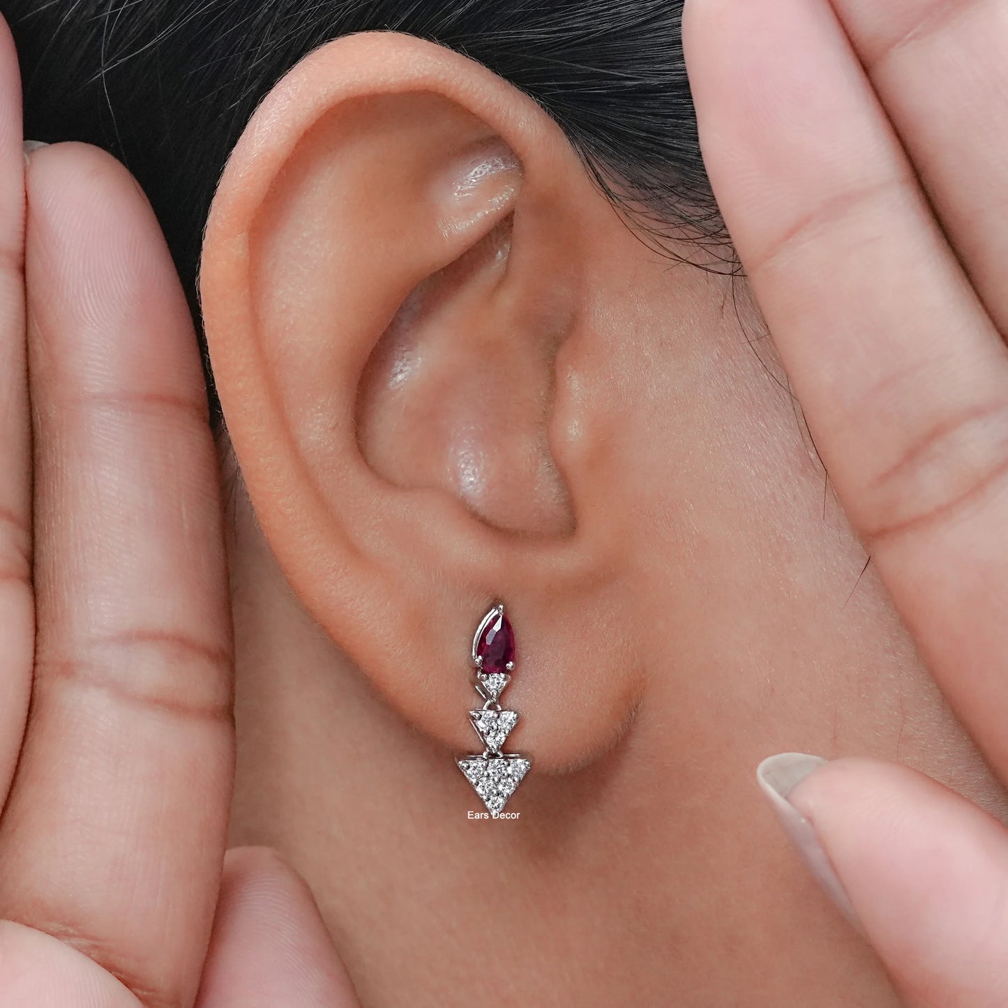 Ruby Pear Gemstone And Triangle Lab Diamond Dangle Earrings