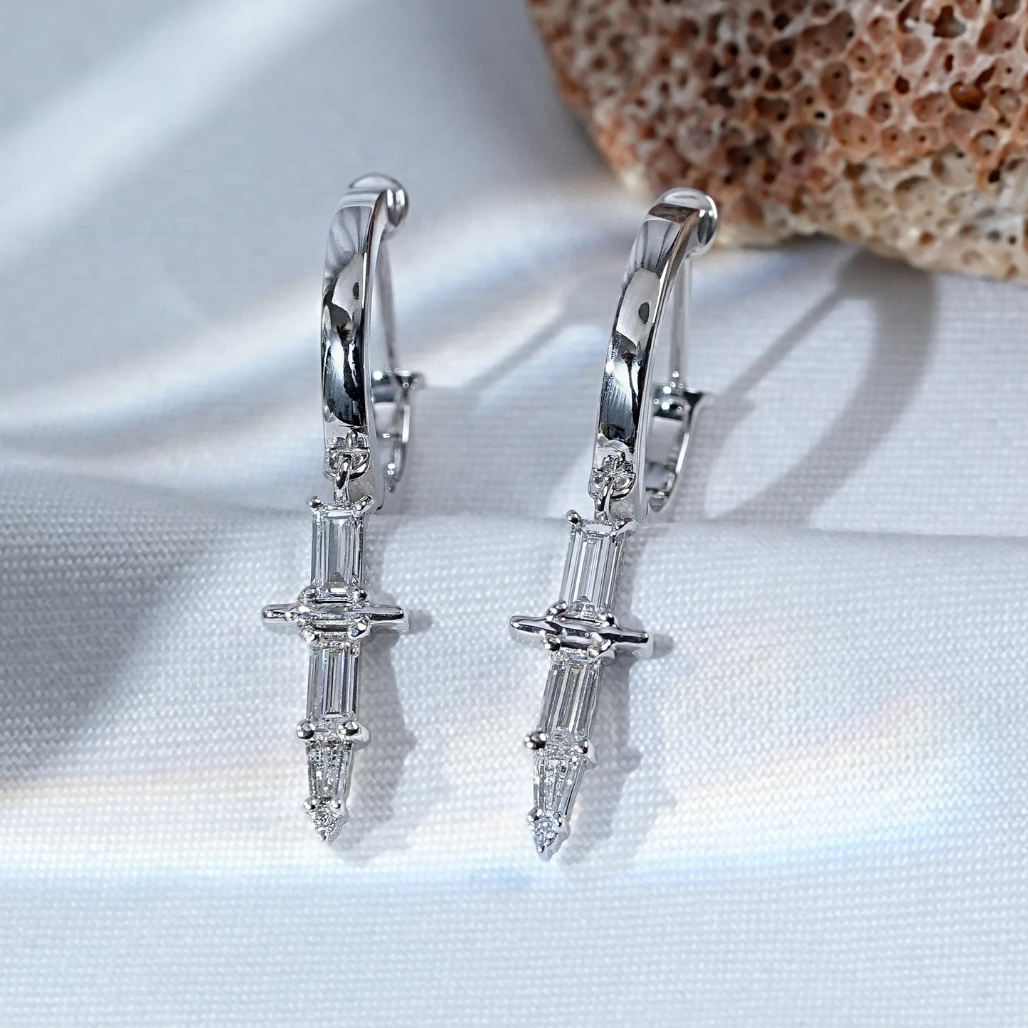 Baguette Diamond Cross Dangle Hoop Earrings