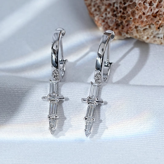 Baguette Diamond Cross Dangle Hoop Earrings