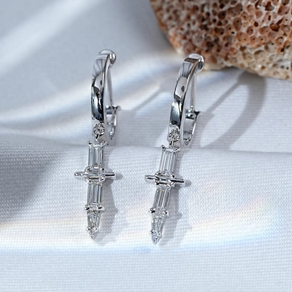 Baguette Diamond Cross Dangle Hoop Earrings