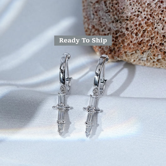 Baguette Cut Diamond Cross Dangle Hoop Earrings