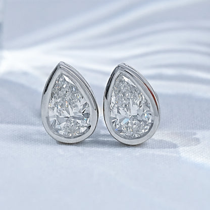 Brilliant Pear Cut Bezel Set CVD Diamond Stud Earrings