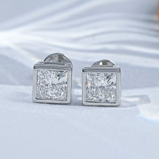 Bezel set Princess Cut Moissanite Solitaire Stud Earrings