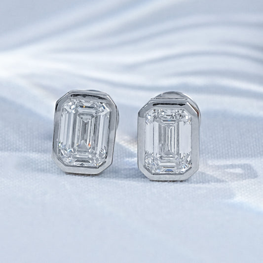 Emerald Cut Eco Friendly Diamond Bezel Set Solitaire Stud