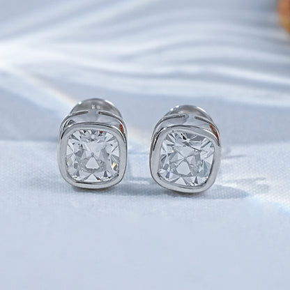 Lab Diamond Square Old Mine Cushion Diamond Bezel Set Stud