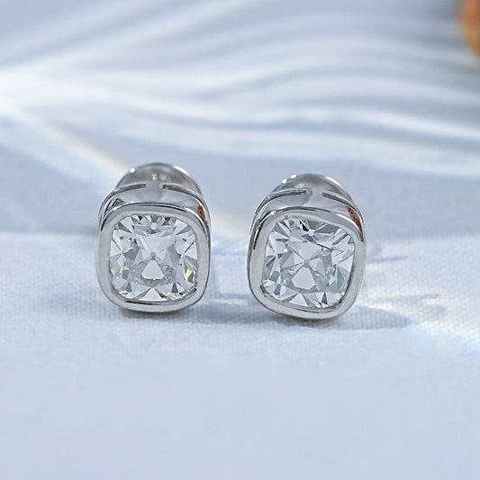 Lab Diamond Square Old Mine Cushion Diamond Bezel Set Stud