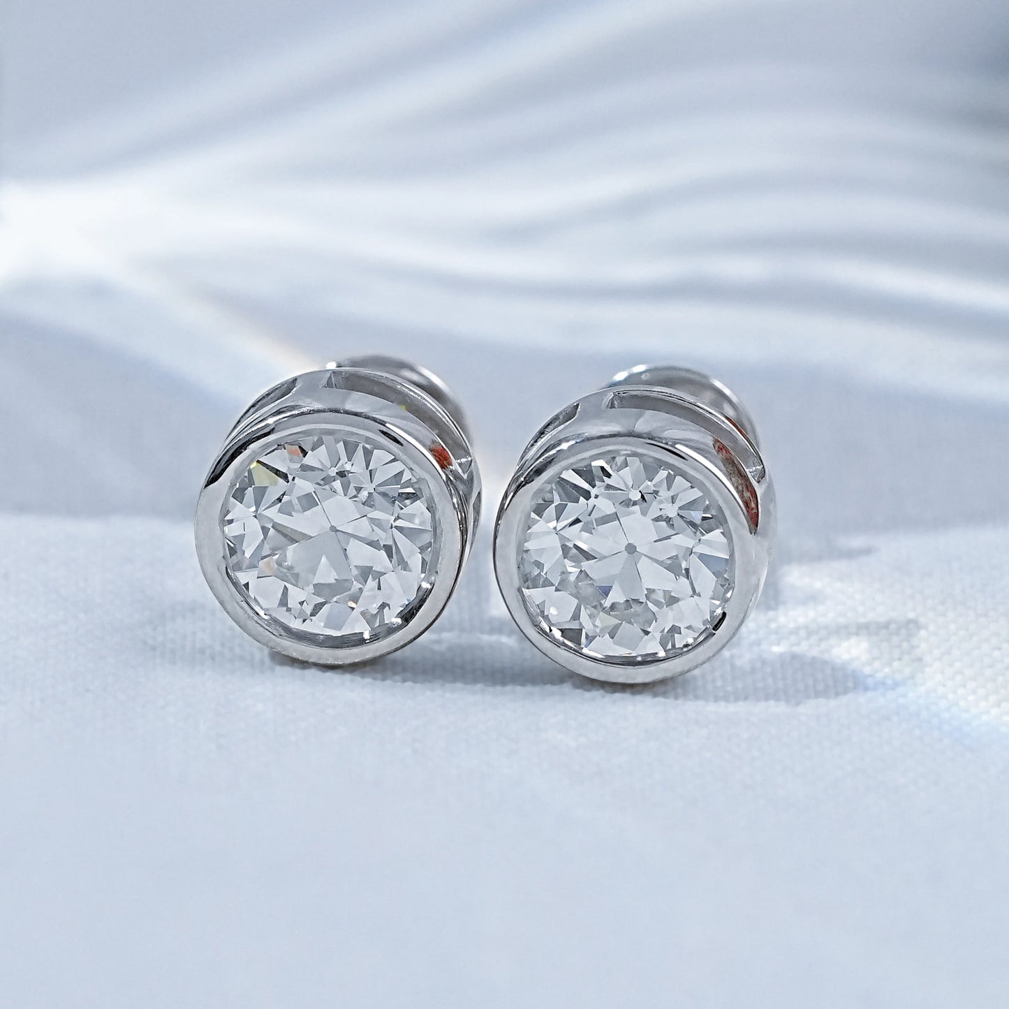 Old European Round Cut Lab Diamond Bezel Set Stud Earrings