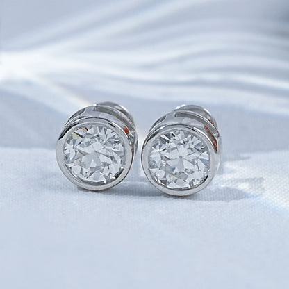 Old European Round Cut Lab Diamond Bezel Set Stud Earrings