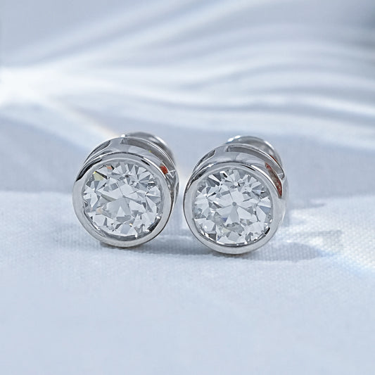 Old European Round Cut Lab Diamond Bezel Set Stud Earrings