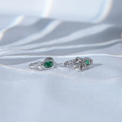Green Oval Three Round Diamond Curved Earrings