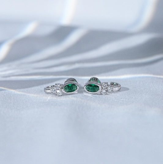 Green Oval Three Round Diamond Curved Earrings