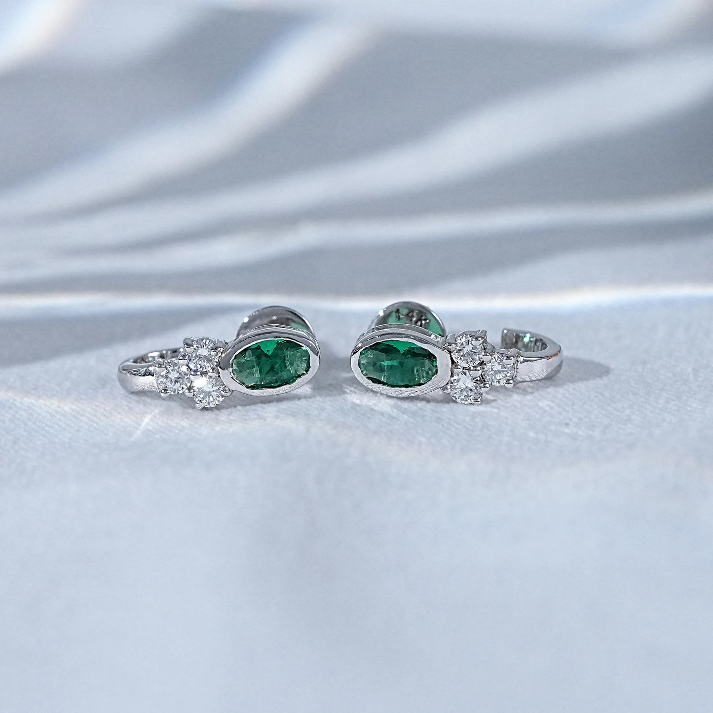Green Oval Three Round Diamond Curved Earrings