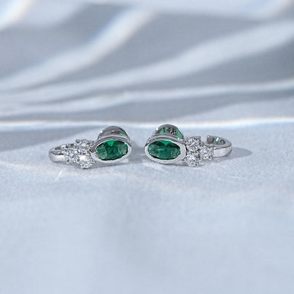 Green Oval Three Round Diamond Curved Earrings