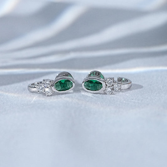Green Oval Three Round Diamond Curved Earrings