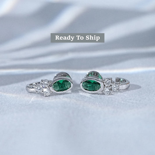 Green Oval & Round Cut Diamond Curved Earrings