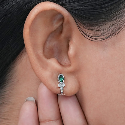 Green Oval Three Round Diamond Curved Earrings