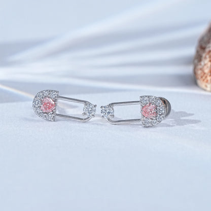 Pink Heart And Round Diamond Safety Pin Drop Earrings