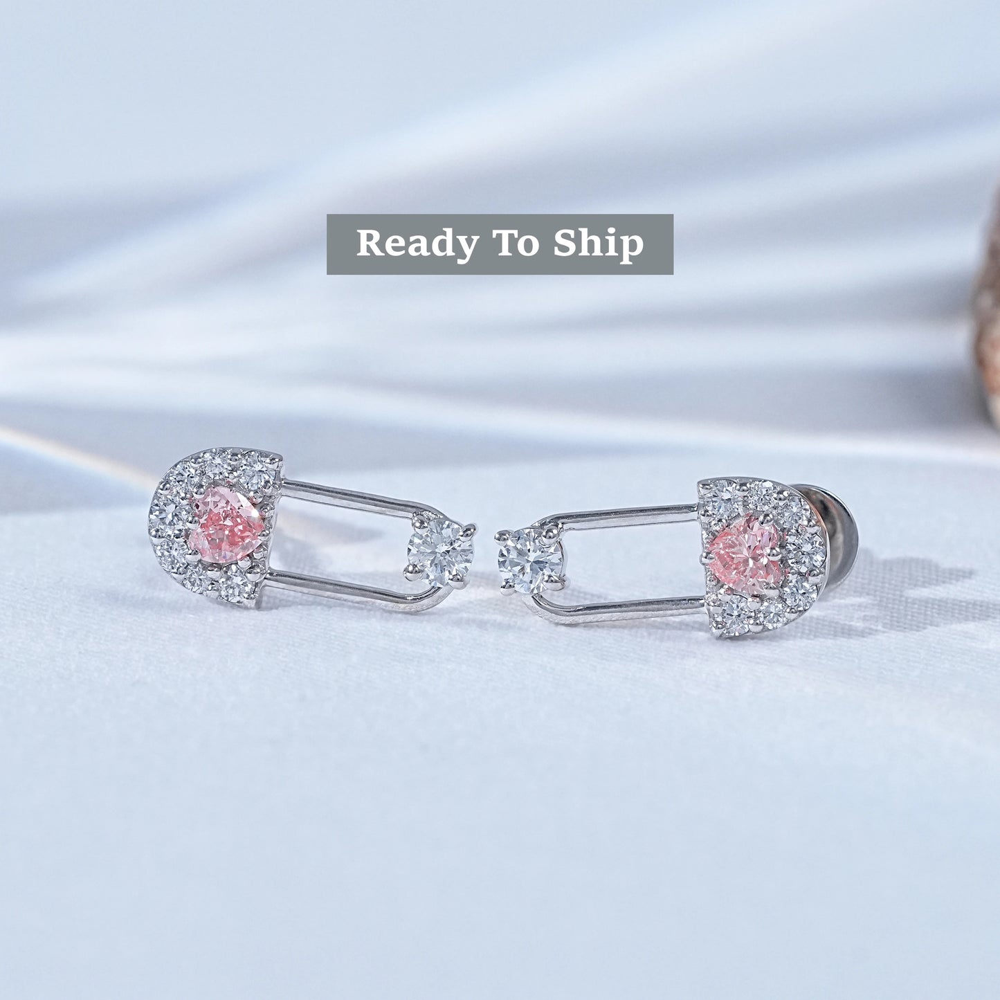 Pink Heart & Round Diamond Safety Pin Drop Earrings