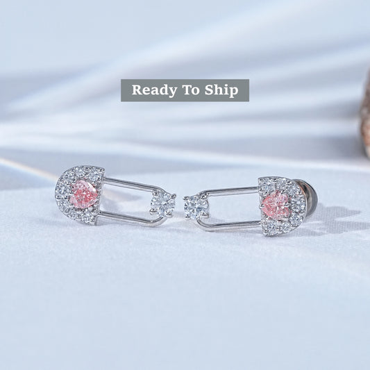 Pink Heart & Round Diamond Safety Pin Drop Earrings
