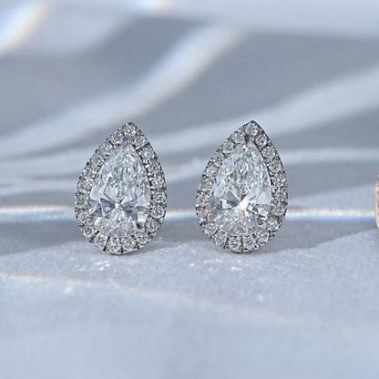 Pear Cut Lab Diamond Halo Stud Earrings