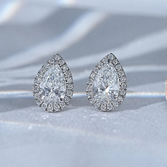 Pear Cut Lab Diamond Halo Stud Earrings