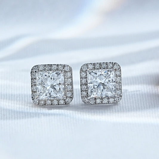 Princess cut Lab Grown Diamond Halo Stud Earrings
