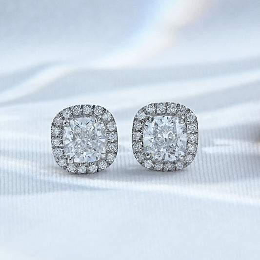 Lab Diamond Cushion Cut Halo Stud Earrings