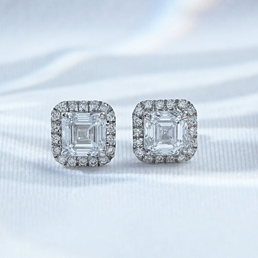 Asscher Cut Halo Lab Diamond Stud Earrings