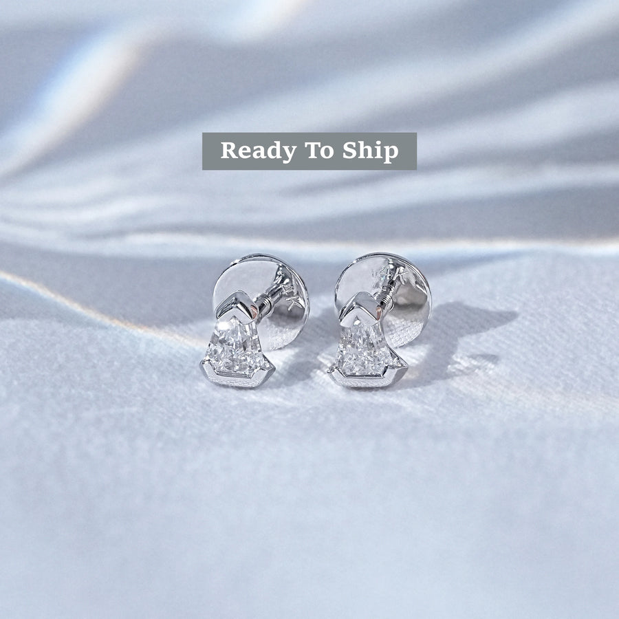 Arrow Cut Round Diamond Half Bezel Stud Earrings