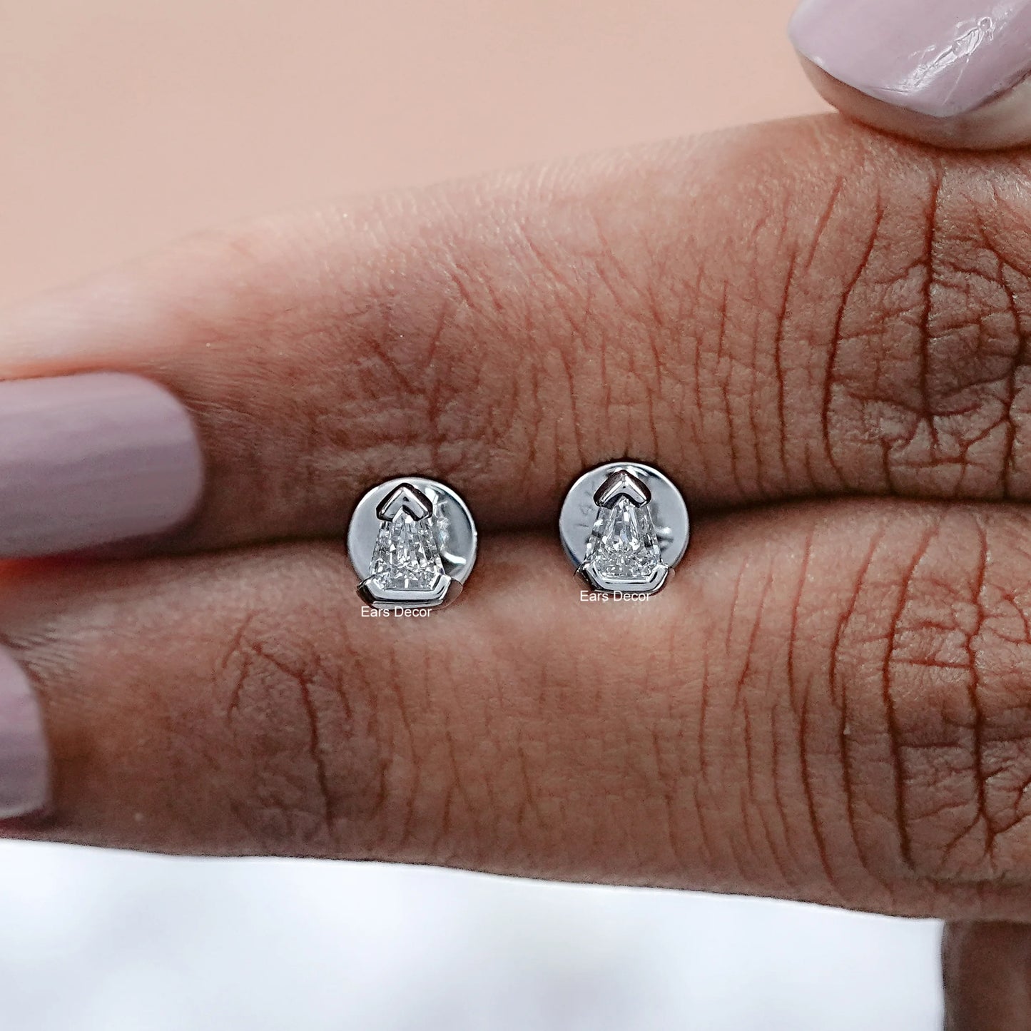 Arrow Cut Round Diamond Half Bezel Stud Earrings