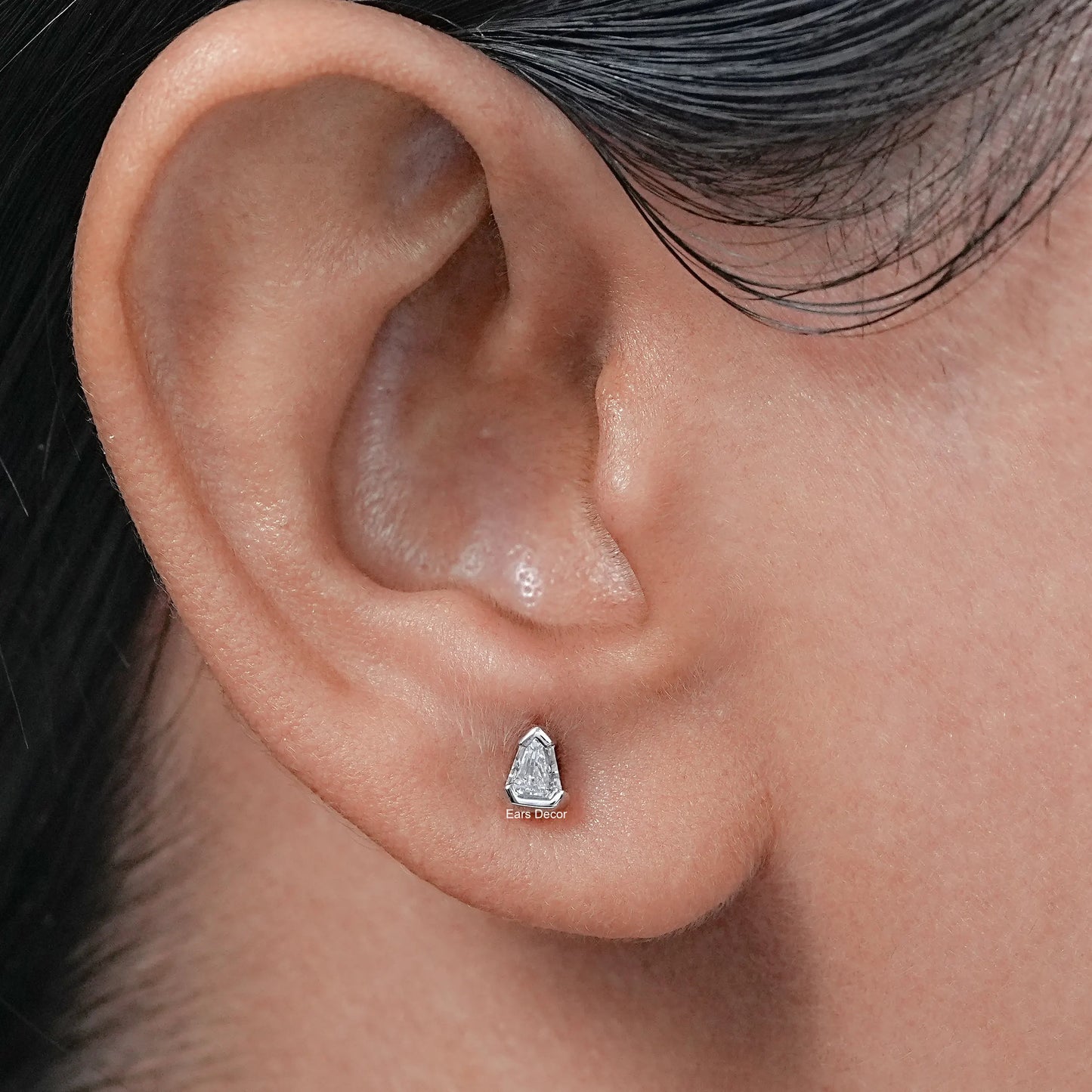Arrow Cut Round Diamond Half Bezel Stud Earrings